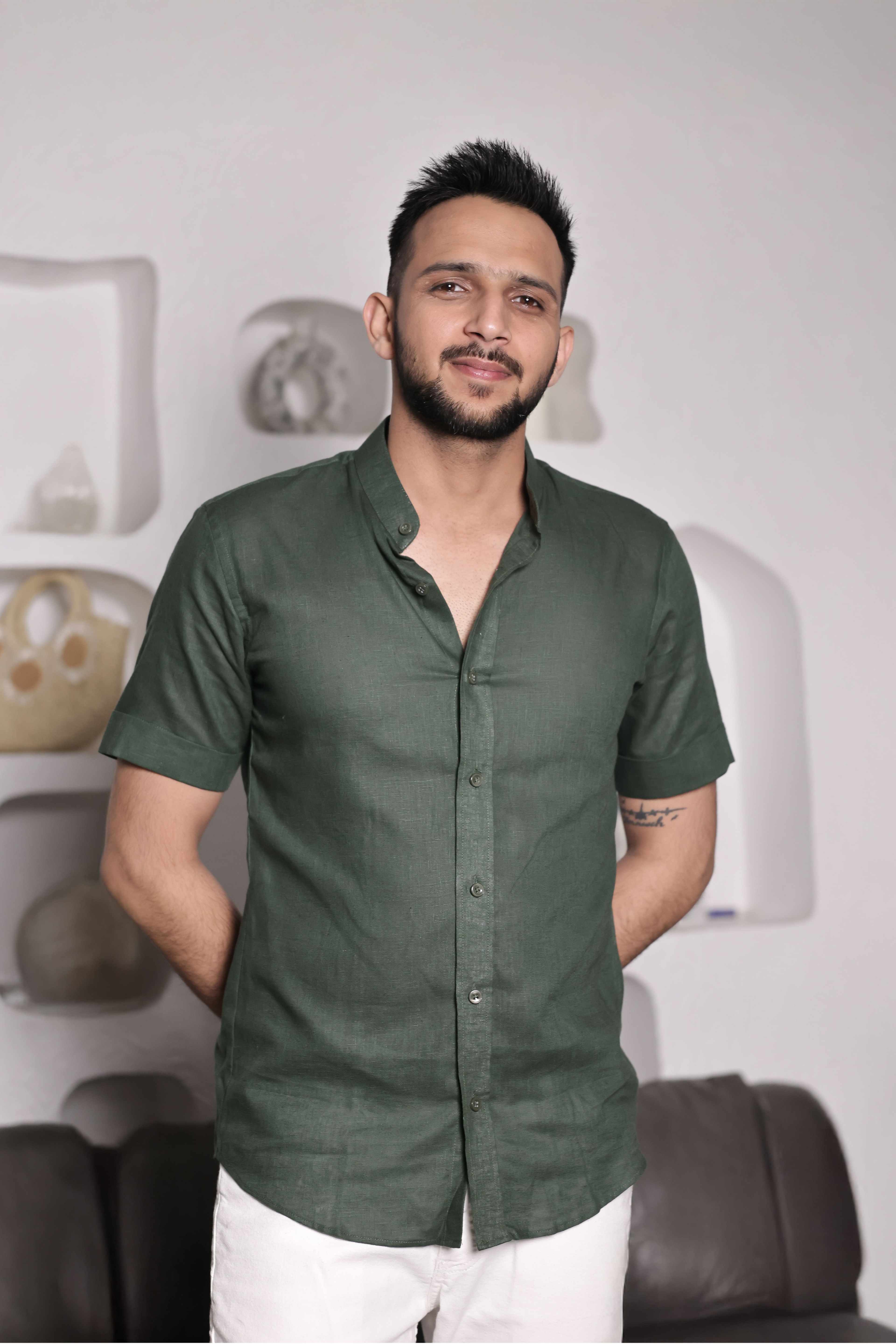 Evergreen - The Olive Green Mandarin Collar Shirt - 19