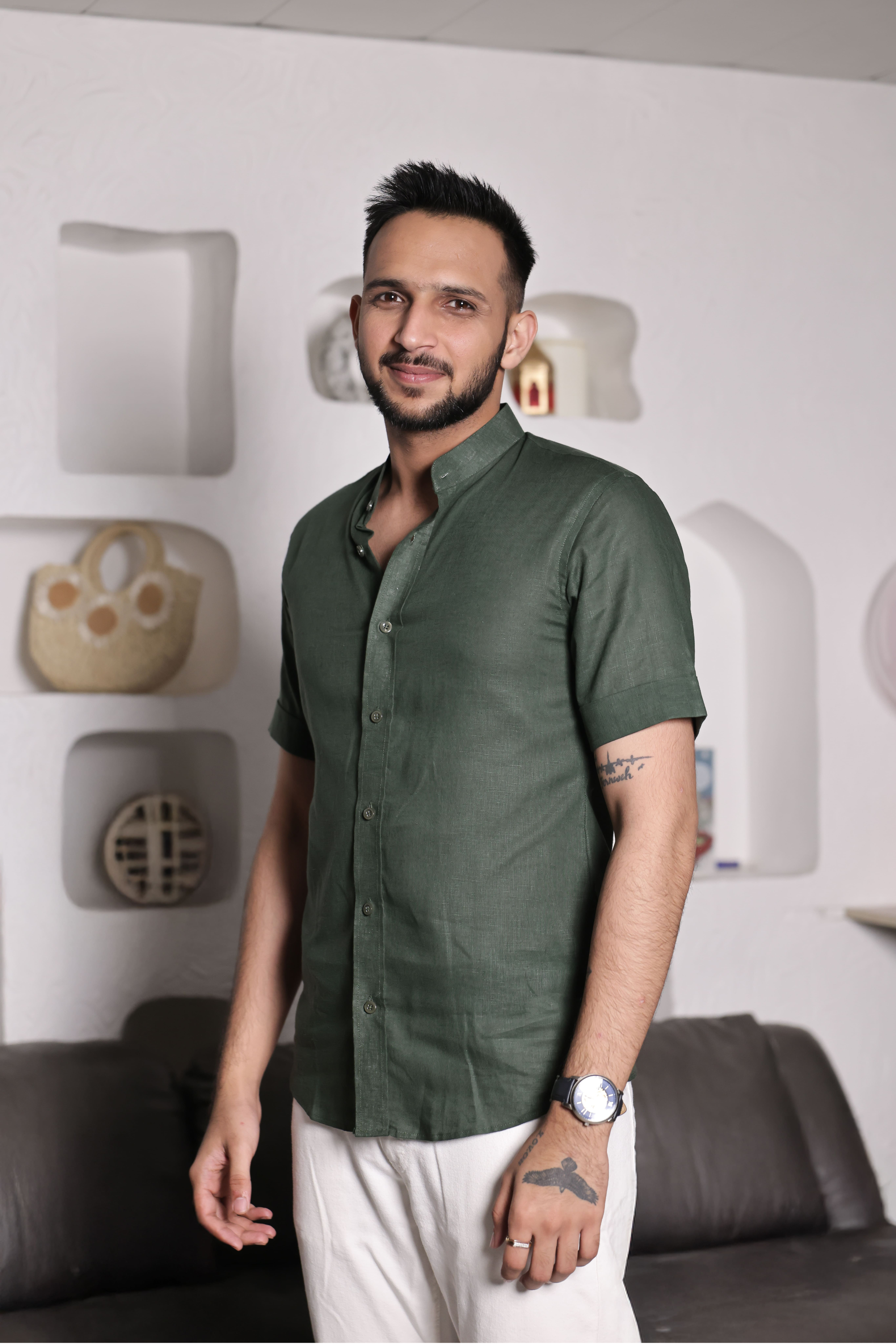 Evergreen - The Olive Green Mandarin Collar Shirt - 19