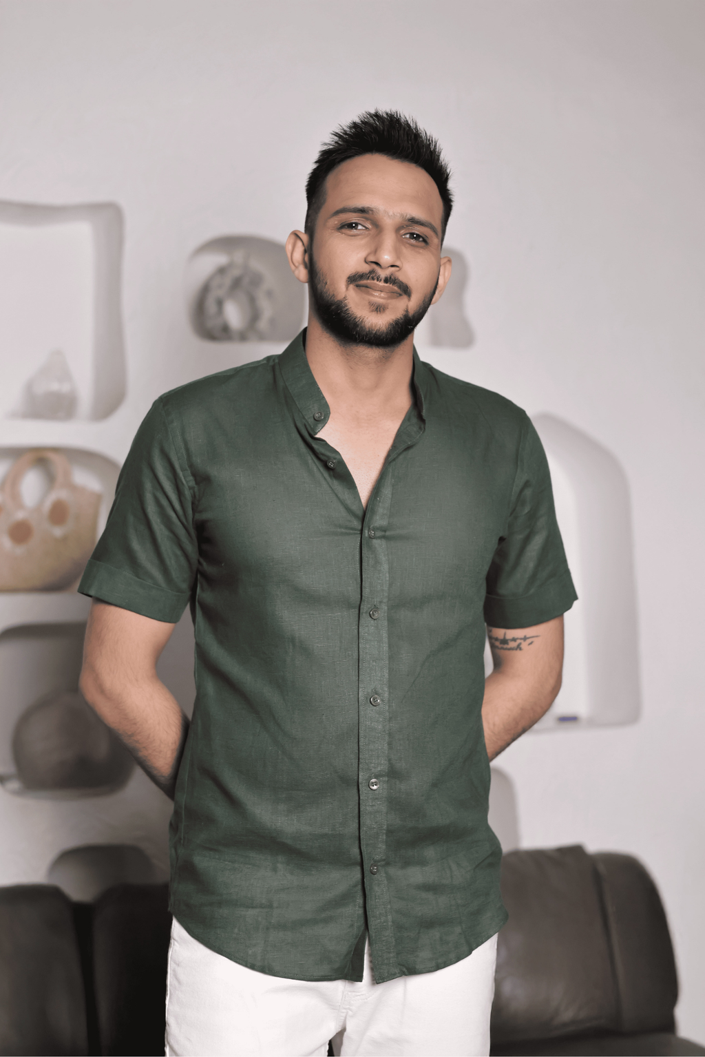 Evergreen - The Olive Green Mandarin Collar Shirt - 19